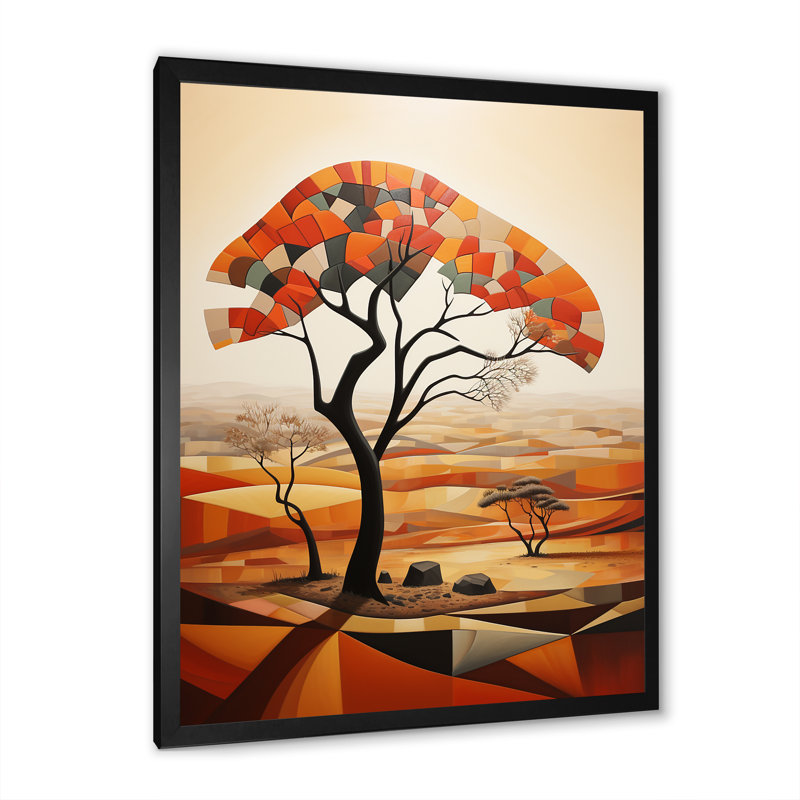Cubist African Tree Landscape 3 - Art mural africain, H 20 po x l 12 po x P 1 po, Cadre photo noir simple