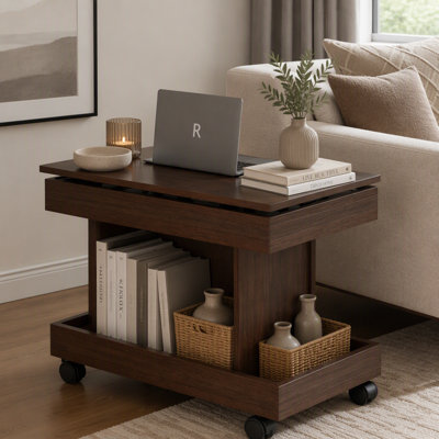 Table d'appoint roulante multifonctionnelle avec plateau pivotant à 360° et rangement en noyer