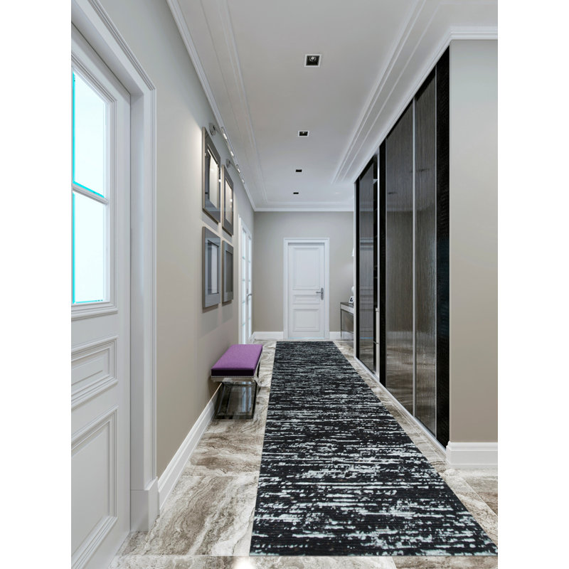 Tapis noir transitionnel en laine noué à la main Akailah, Tapis de couloir 3 pi x 12 pi