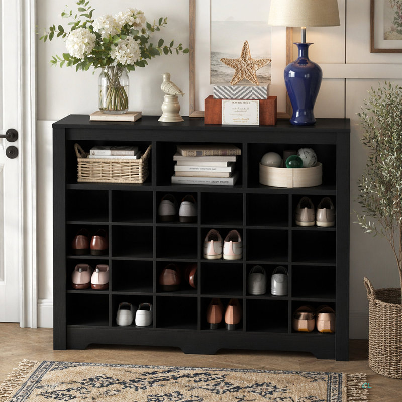 Console élégante à 24 casiers, armoire à chaussures moderne avec base incurvée, buffet polyvalent de haute qualité pour le couloir, la chambre à coucher et le salon