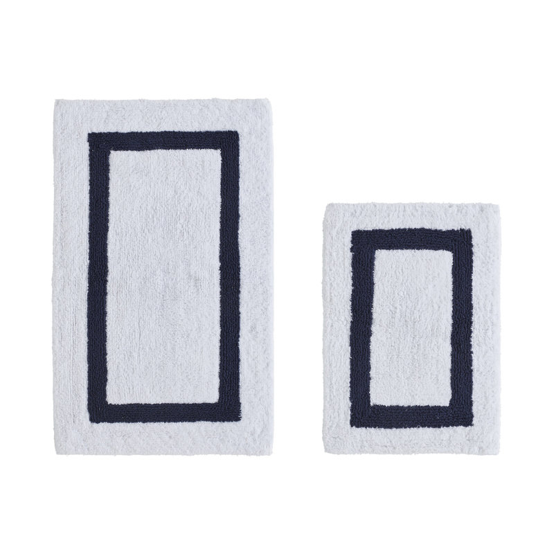 Broshous Premium 100% Cotton 2370 GSM 2-Piece Bath Rug Set, Ultra Plush Tufted Bathroom Mats, Super Absorbent OEKO-TEX® Certified, Reversible, Machine Washable, Spa-Like Comfort, White/Navy