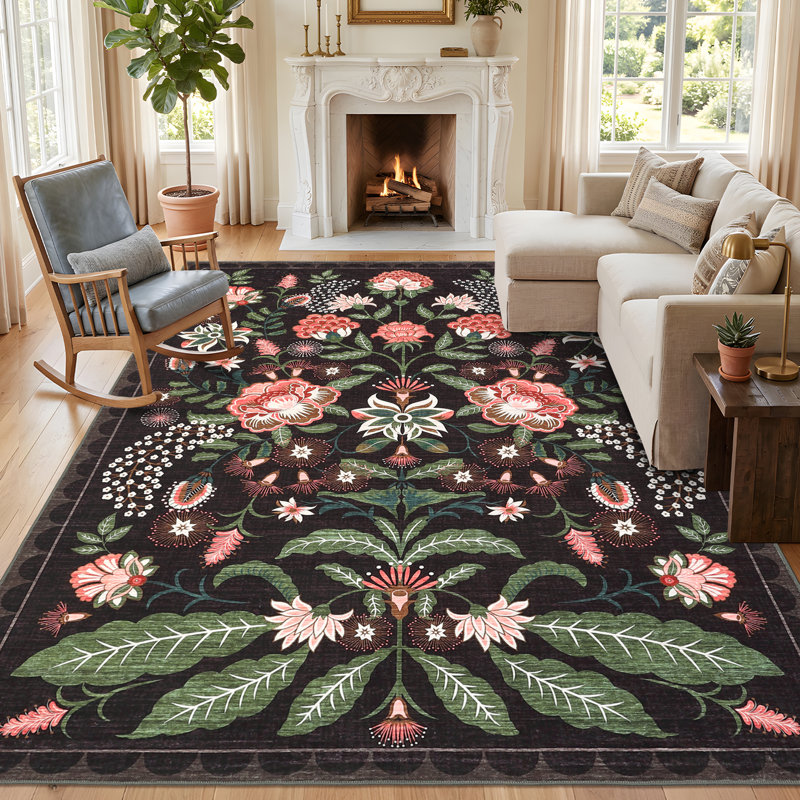 Botanical Floral Washable Rug for Living Room Non Slip Indoor Soft Low Pile Non-Shedding Carpet for Bedroom Nursery Playroom