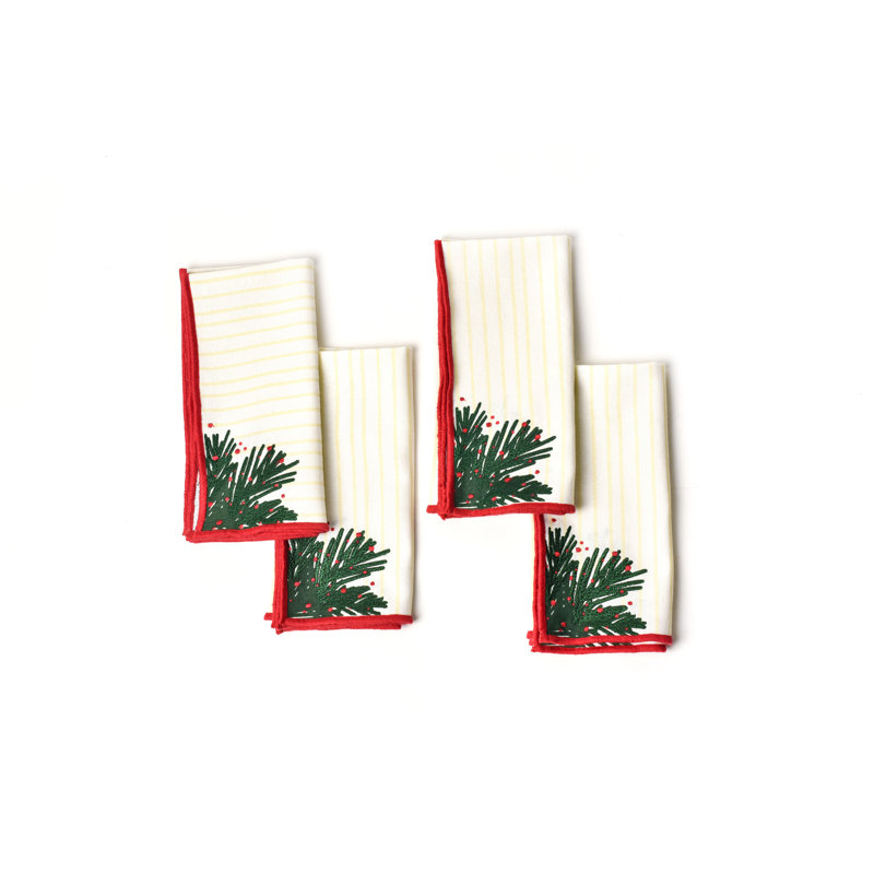 Set of Four Christmas Linen Napkins with Red and Green Embroidery