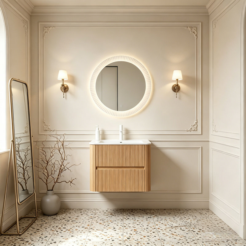 Meuble-lavabo mural flottant avec lavabo et tiroirs à fermeture en douceur, Naturel, 24"