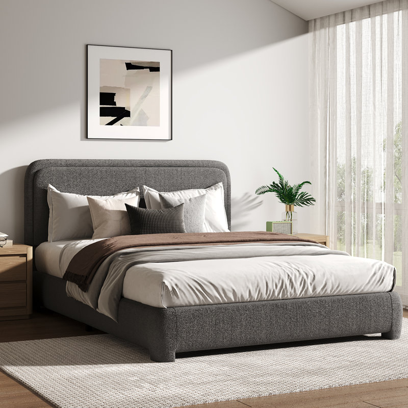 Lit plateforme tapissier Bensu Boucle, Gris, Grand lit