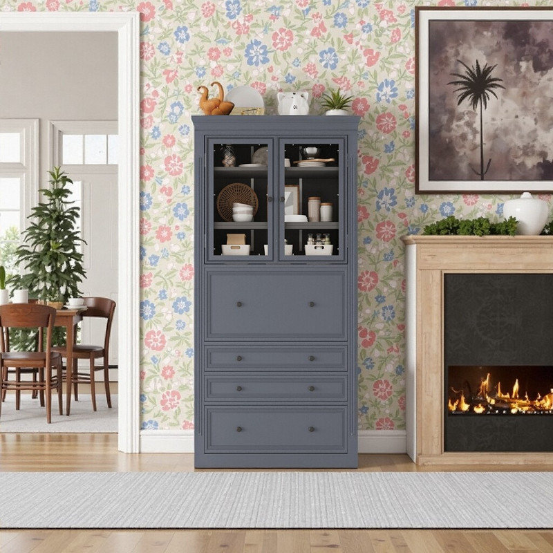 78" Freestanding Kitchen Pantry Cabinet With Power Outlet 3 Drawers & Adjustable Shelves, Grey