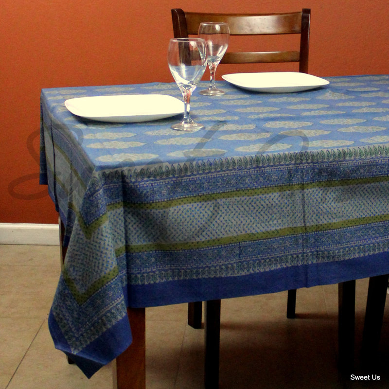 Block Print Diamond Cotton Tablecloth, 104" L x 88" W, Blue