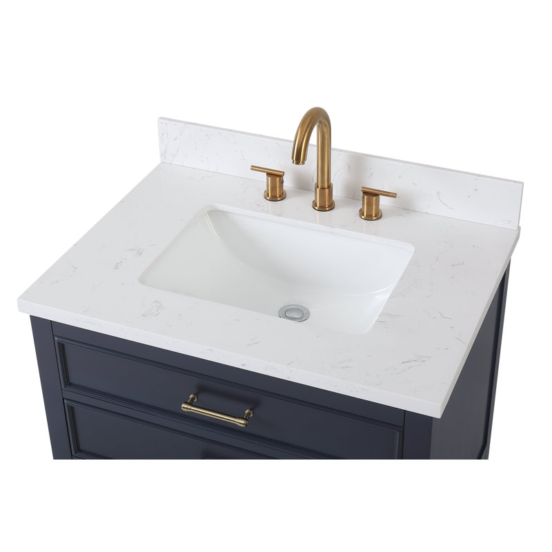 Ampelio 30'' Single Bathroom Vanity with Quartz Top, Navy Blue, Gold