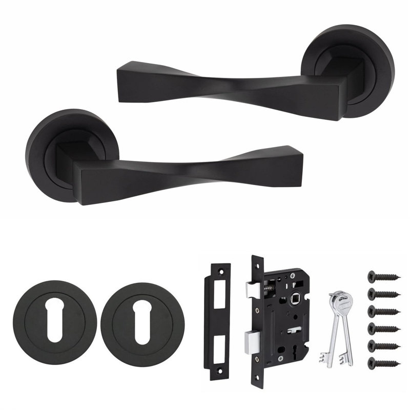  Straight Astrid Twist Handles Set on Round Rose in Matt Black Finish with 64mm 3 Lever Mortise Lock and Key Hole