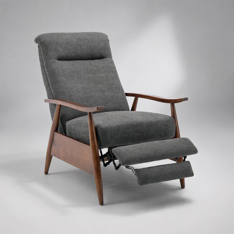 Fauteuil inclinable Saugus avec accoudoirs en bois et dossier à bascule, couleur anthracite - Confort moderne avec tissu facile à nettoyer et inclinaison en 3 positions