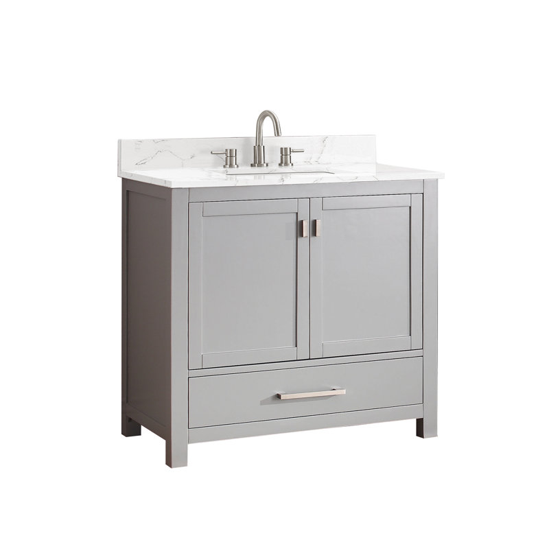 Modero 36" Single Bathroom Vanity with Top, Carrera White Marble, Chilled Gray, Brushed Nickel
