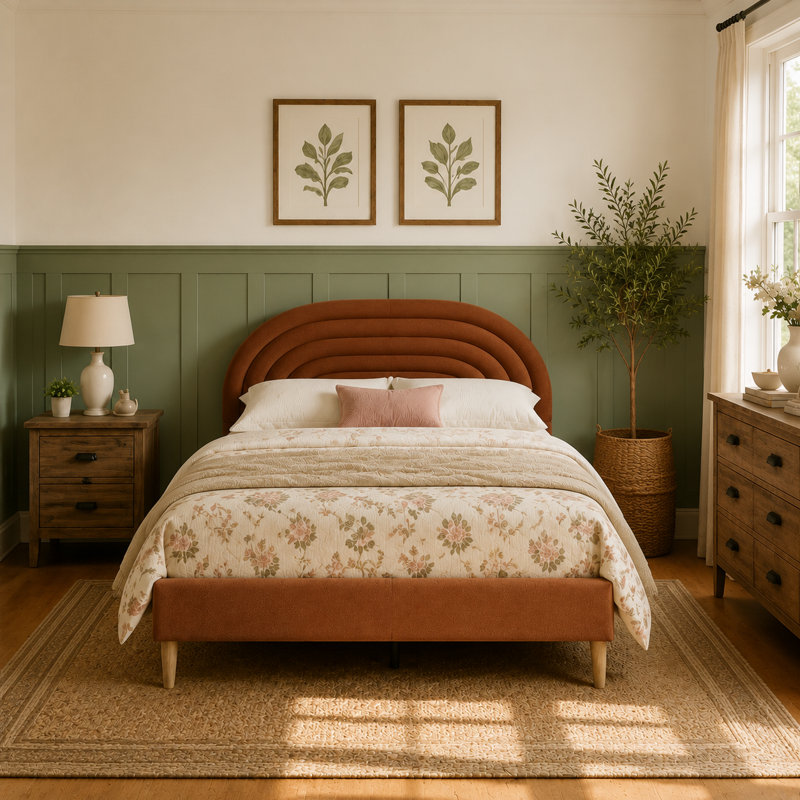 Halis Upholstered Scalloped Bed, Full, Ochre Teddy