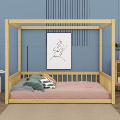 Lit à baldaquin avec barrières de sécurité, cadre et clôture en bois d'hévéa, lit cabane pour enfants favorisant l'imagination.