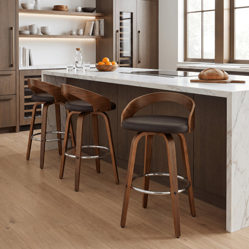 Tabouret de bar pivotant à hauteur de comptoir ou de bar avec dossier bas ouvert en similicuir et bois, Brun, Noyer