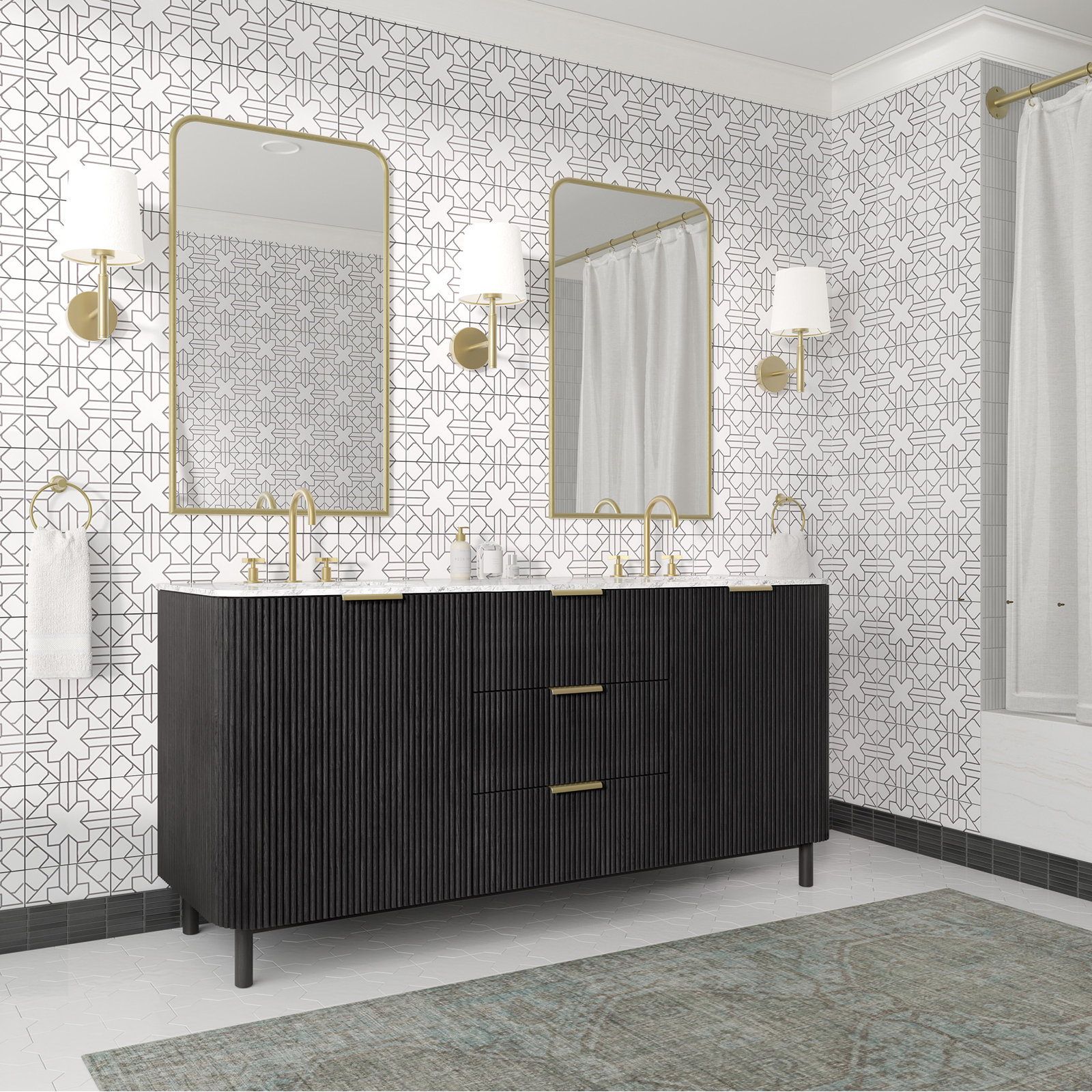Nova 72.25" Double Bathroom Vanity Set, Black Reeded Birch