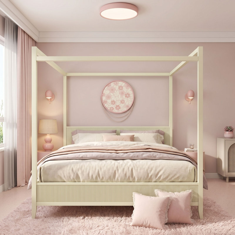 Lit plateforme à baldaquin avec tête de lit, Beige, Très grand lit