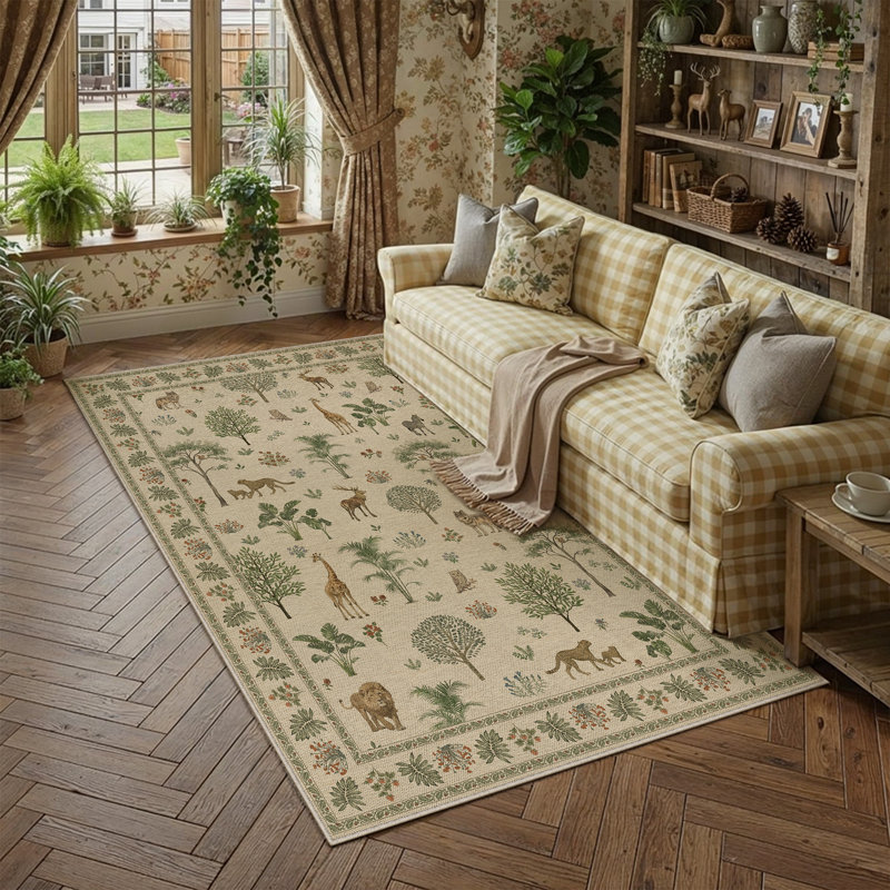 Sofia Wildlife Pattern Washable Faux Linen Area Rug With Non-Slip Backing, Rectangle 6' x 9' 