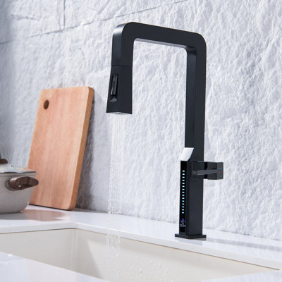 Modern Matte Black Single Handle Kitchen Faucet with Pull Out Sprayer and LED Temperature Display
