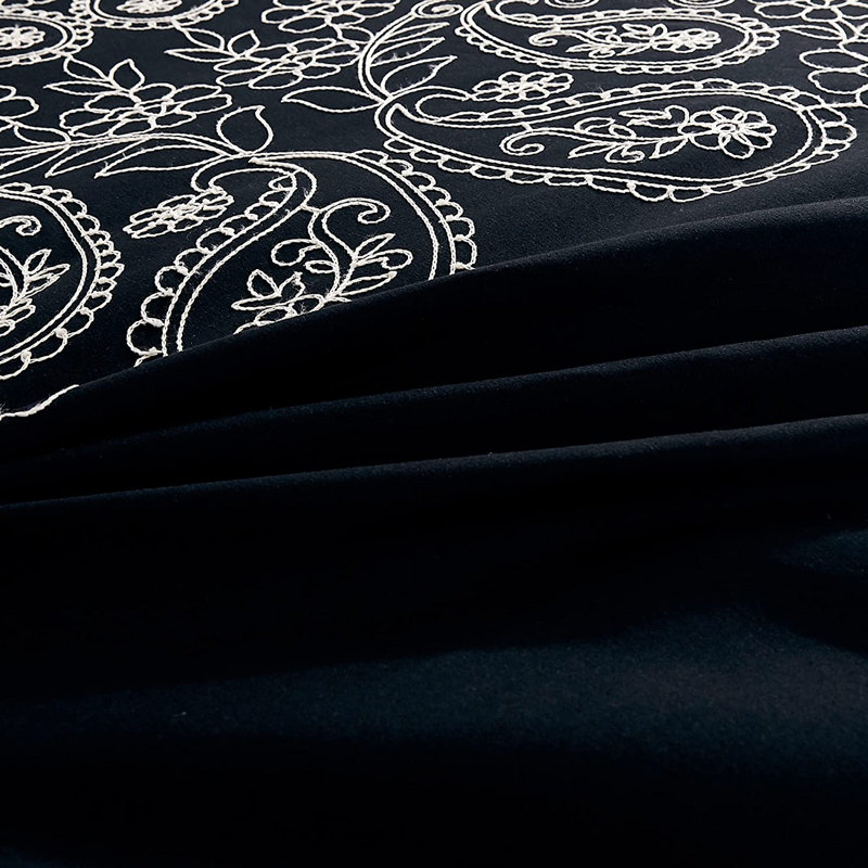 7 Piece Paisley Embroidered  Comforter Set, Black, Queen Comforter + 2 Standard Shams
