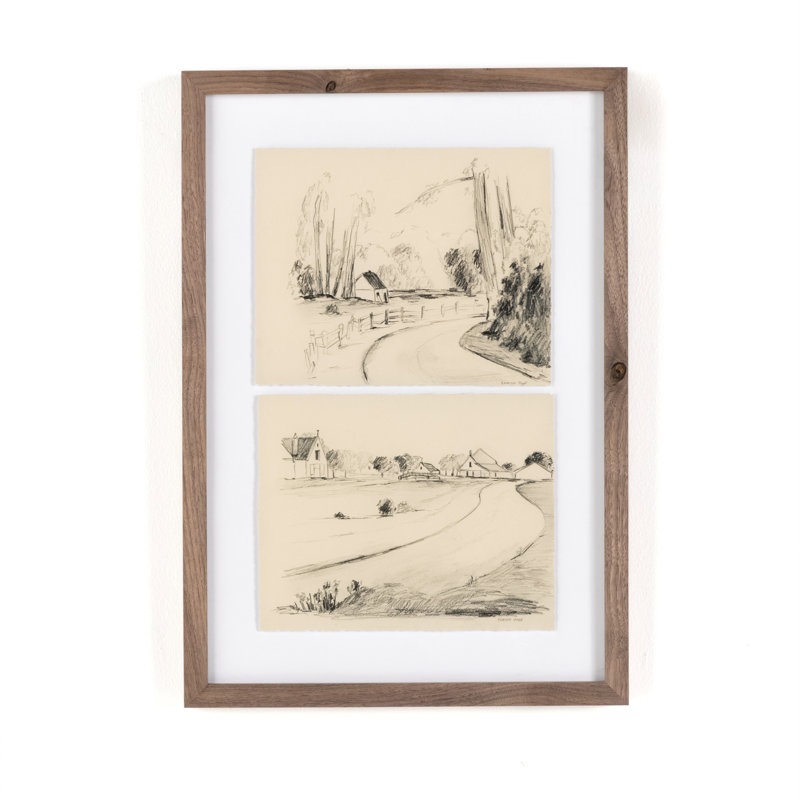 Rustic Walnut Framed Country Sketches on Canvas