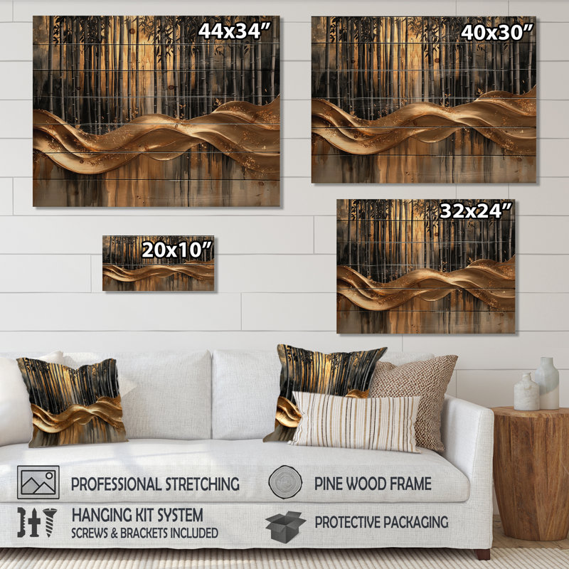 «Golden Arashi Yama Bamboo River III», art mural en bois de bambou - sur bois de pin naturel, H 34 po x l 44 po