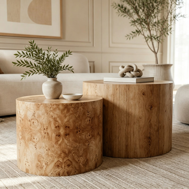 Ensemble de 2 tables basses gigognes rondes modernes, L 19 po, Bois naturel