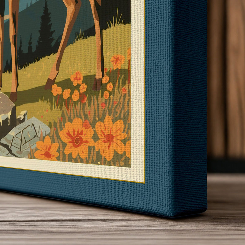 Mountain Deer Japandi - Wrapped Canvas, 36x24 - 91.4 x 61.0 cm, Teal Border