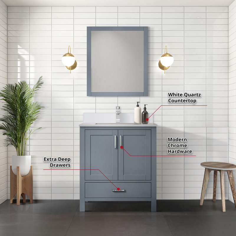 Jacques 30 in. W x 22 in. D Bath Vanity, Top, and 28 in. Mirror, White Quartz, Dark Grey