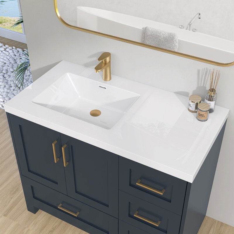 Comptoir de salle de bain 42 po avec lavabo intégré à gauche, comptoir sans couture blanc brillant, imperméable et facile à installer