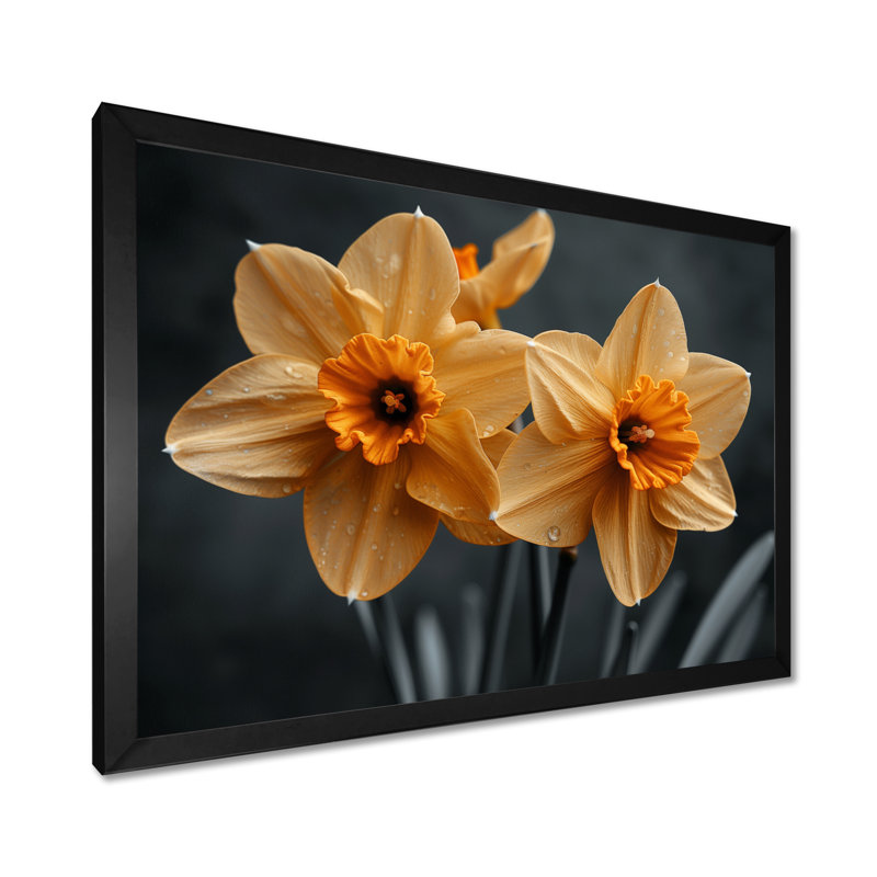 Monochromes jaunes et gris lumineux, jonquilles de luxe - jonquilles murales, Cadre simple noir, H 12 po x l 20 po