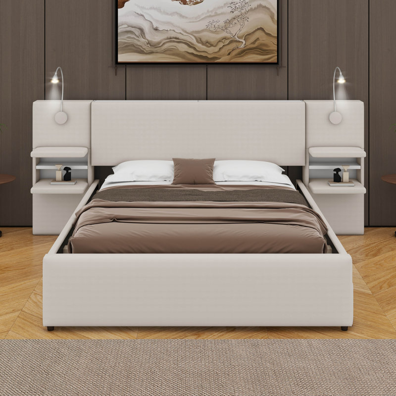 Grand lit plateforme tapissier avec lumières de lecture, tiroirs, lit gigogne et tablettes, Beige