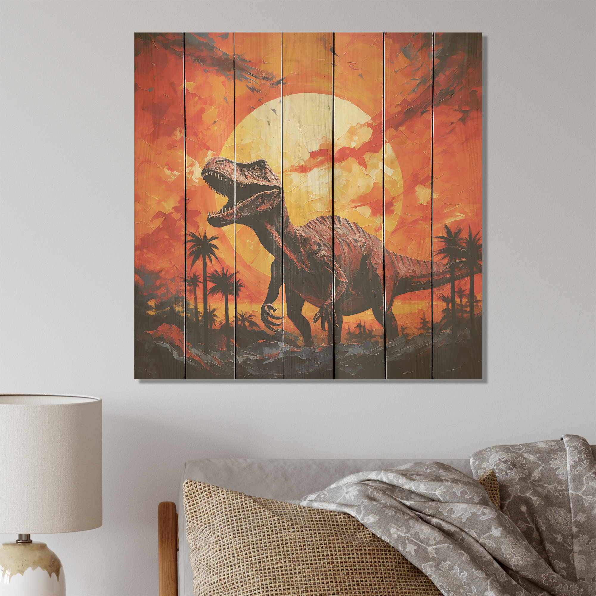 Trinx Red And Yellow Dinosaur Sunset I - Dinosaur On Wood Print ...