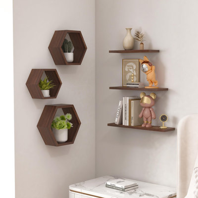 Ensemble de 6 tablettes hexagonales en bois à fixation murale, ensemble de 6 tablettes en bois de pin, brun