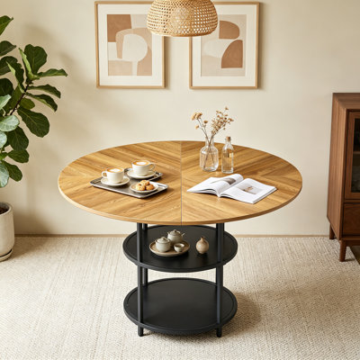 Table de salle à manger circulaire de 47,3 pouces de diamètre avec épissure moderne - rangement à double couche, conception en bois et en diagonale noire en forme d'éventail, interprétant l'esthétique et la fonctionnalité de la maison.