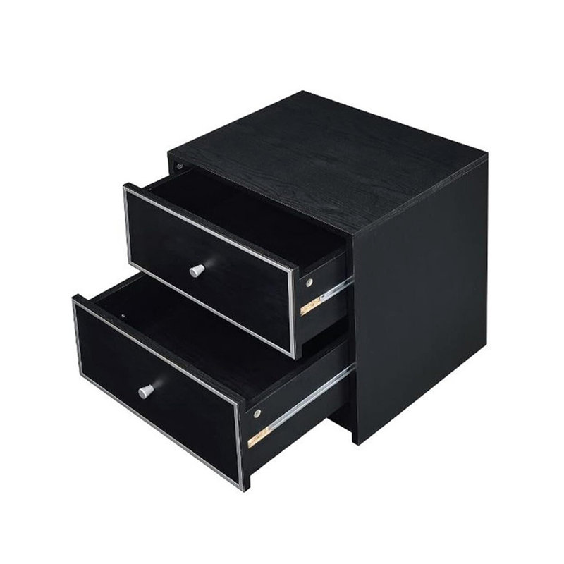 Table de chevet 2 tiroirs de rangement, noir et argent