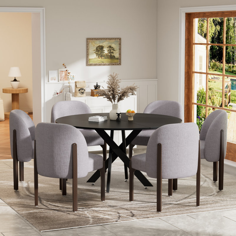 Ensemble de salle à manger rond 47,2 po, table à pieds croisés modernes et 6 chaises rembourrées en tissu pour les petits espaces, cuisine