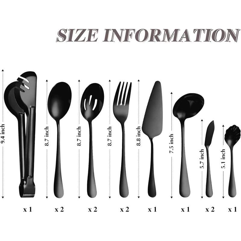 Ensemble d'ustensiles de service de 12 pièces en acier inoxydable - comprend une cuillère à rainure, une fourchette de service, des pinces, une louche à soupe, un service à tarte, un lave-vaisselle pour le buffet, la restauration et un usage domestiq