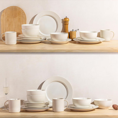 Ensemble de 12 assiettes et bols en céramique Didadi, ensemble de vaisselle en relief résistant aux égratignures, ensemble de vaisselle en grès pour 4 personnes, allant au four, au micro-ondes et au lave-vaisselle, blanc crème