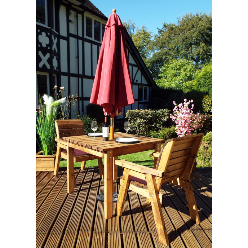 France 2 - Person Solid Wood Patio Dining Set Umbrella Hole Included Square Table with Cushions Included, Burgundy
