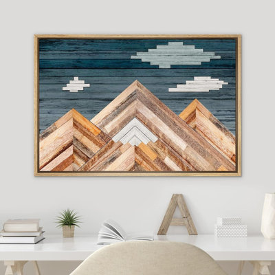 «Western Decor Mountains with Clouds», effet de bois sur panneau, motifs naturels abstraits, encadré sur toile