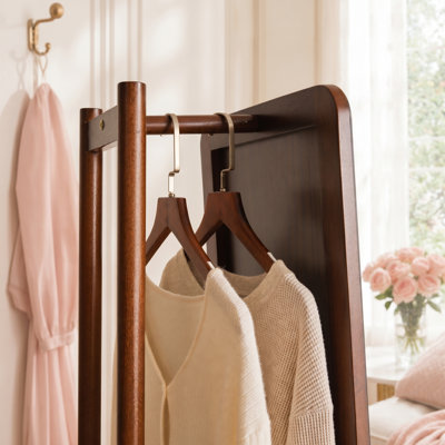 360° Swivel Full Length Mirror With Solid Rubber Wood Base And Storage Hooks