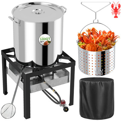 Stainless Steel Seafood Boil Pot (30qt/40qt/50qt/60qt/80qt/100qt) With Basket, Skimmer, Crawfish Boiler & Crab Boil Pot