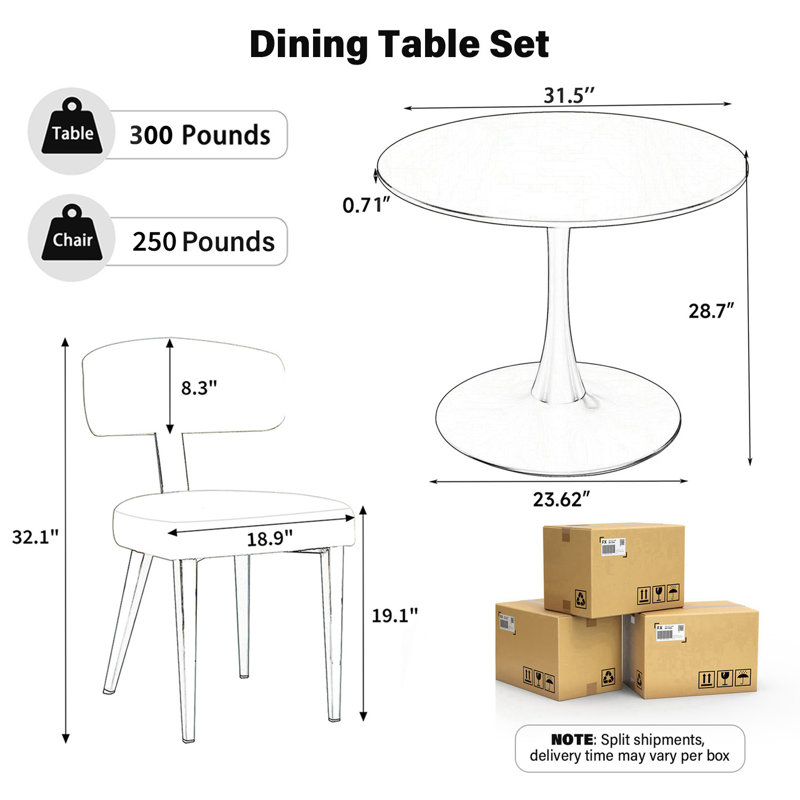 31.5" White Round Pedestal Dining Table Set With Bouclé Chairs, Compact Dining Set, Space-Saving Kitchen Table And Chair Set For Apartments, Breakfast Nooks, And Compact Dining Rooms