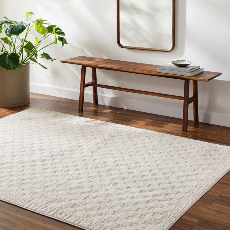 Off White Modern Shaggy Rug, Bordered Chequered Easy to Clean Rug For Living Room, Dining Room, Bedroom