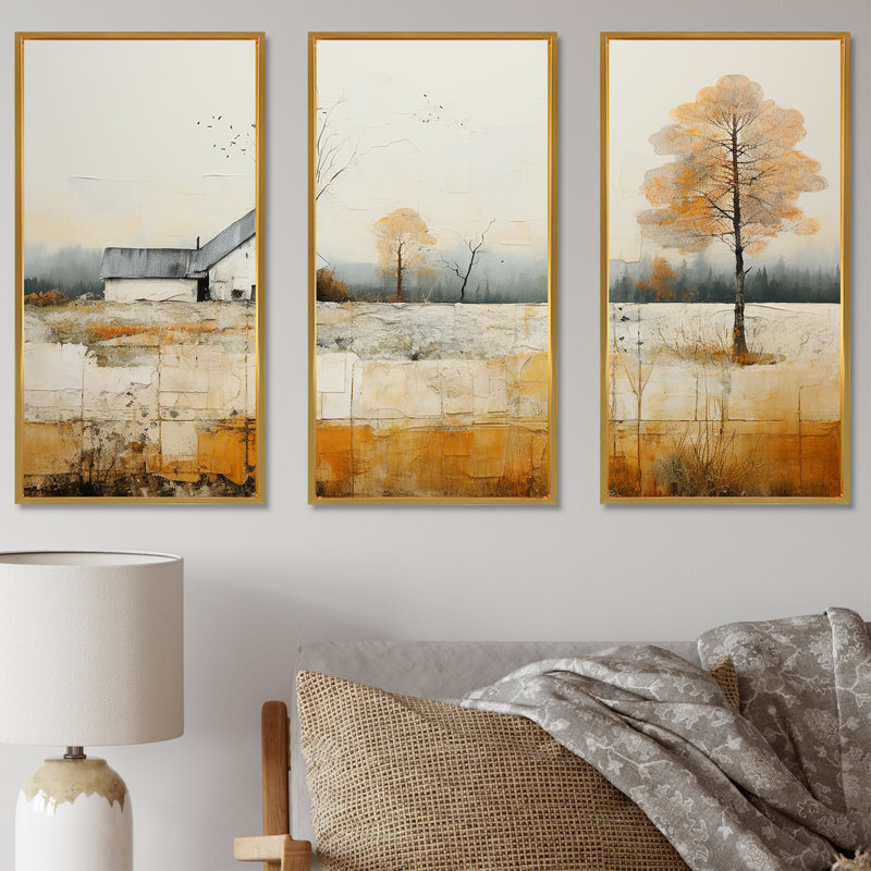 «Bold Mute Tone Countryside Landscape IV - Ensemble d'art mural sur toile campagne, Cadre flottant doré, 40" H x 60" W x 1" D