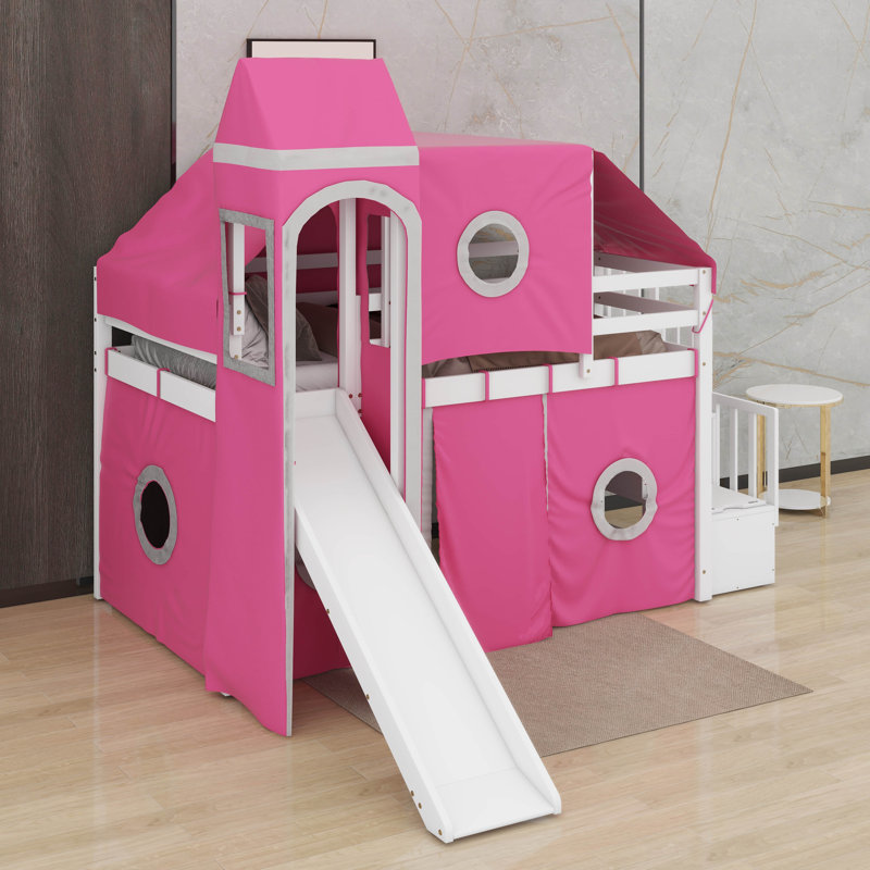 Lit mezzanine double avec tente et tour, Lit double, Rose