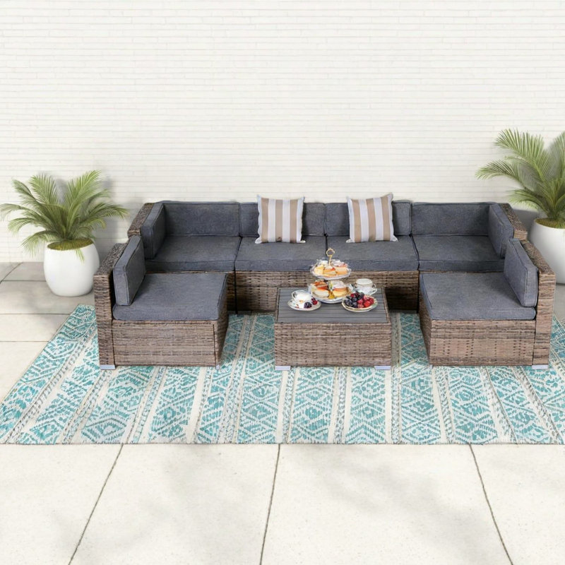 Modern Patio Sofas, Steel Rattan 7-piece Set, Entertaining Outdoor