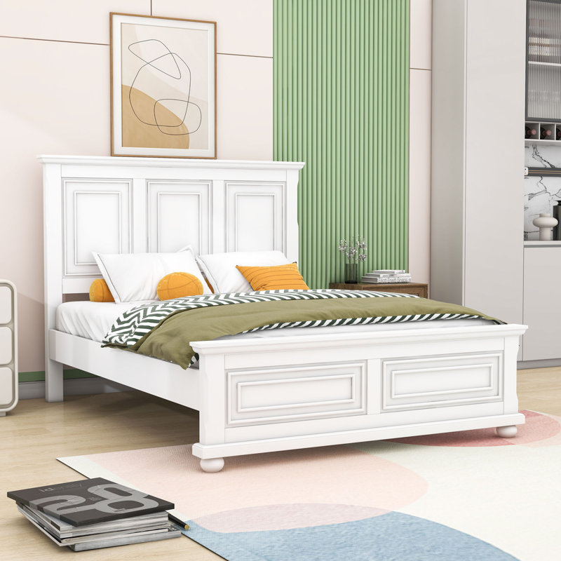 Panel Bed with Headboard and Slats, White, Queen
