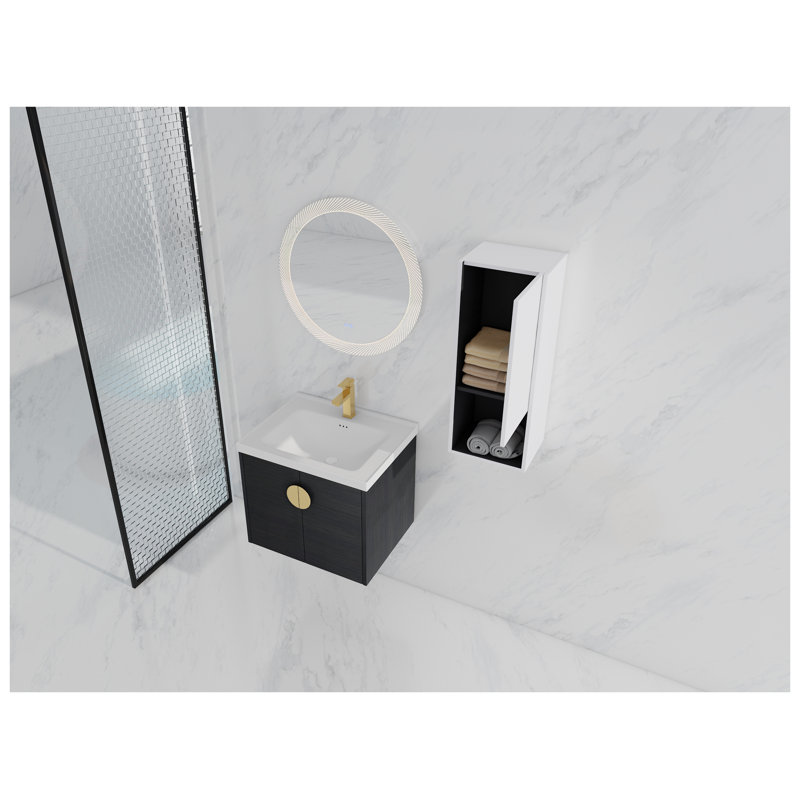 Meuble-lavabo mural 24 po avec lavabo en céramique et armoire d'appoint en châtaignier noir ou blanc, 24"