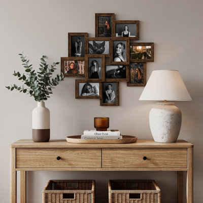Cadre 12 photos à 12 ouvertures brun rustique et collage, cadre photo multi-photos en bois avec façade en verre transparent 4 x 6, cadre mural multi-photos pour le décor de la chambre à coucher